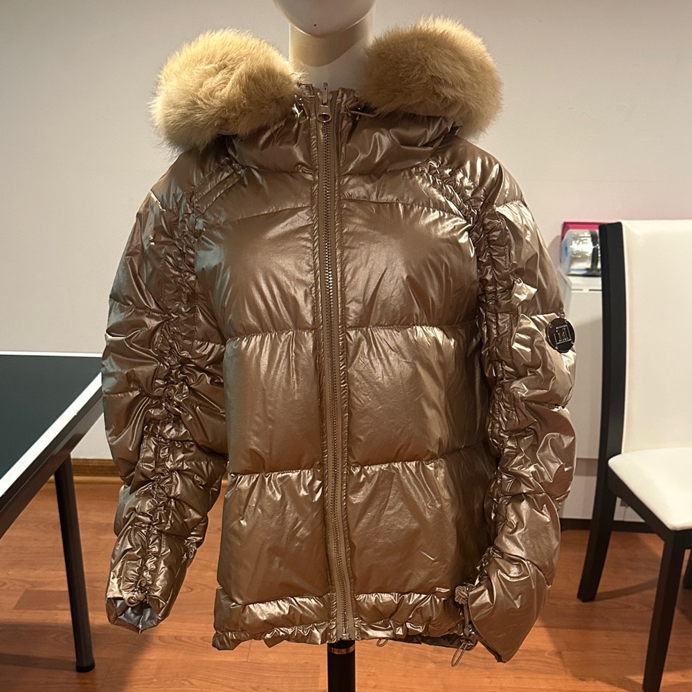 Shiny Bronze Puffer Jacket with Fur Trim